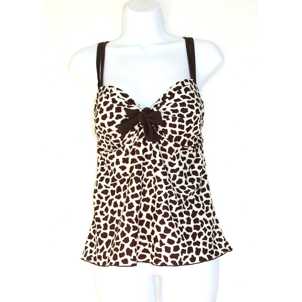 OCEAN DREAM Tankini Swimsuit Top Halter Off- white / Brown Animal Print ~ L #02